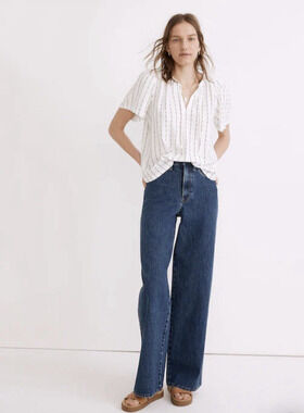 Madewell Shirt Small White & Black Embroidered Striped Short Sleeve Pullover